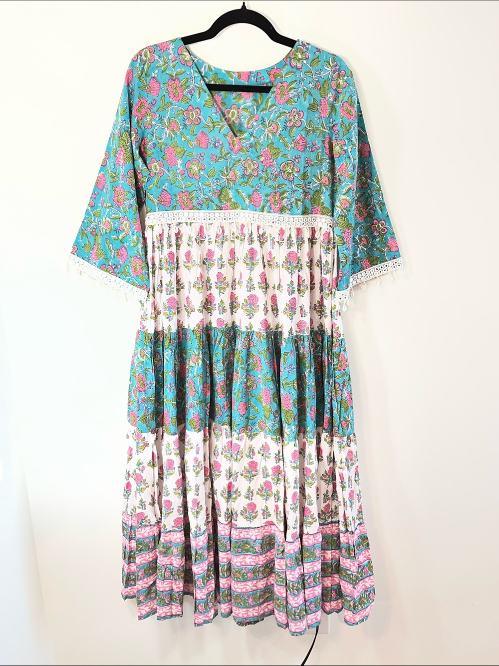 Hand Block Printed Cotton Maxi Dress: Bohemian Floral Tiered medium